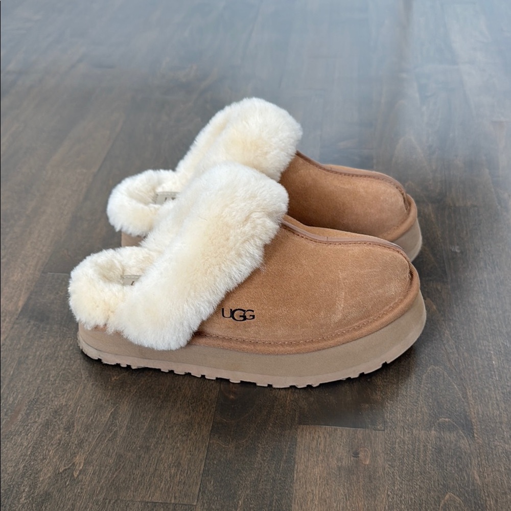 UGG Tan and Cream Cozy Mules with Plush Lining